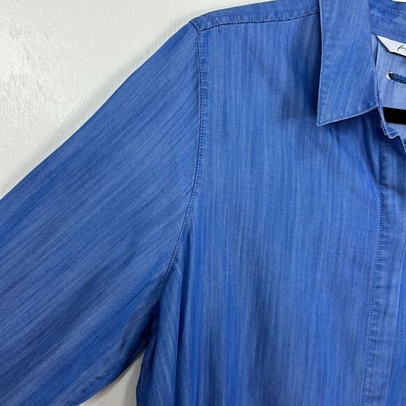 Foxcroft Blue Chambray Hi-Lo Hem 3/4 Sleeve Button Up Shirt Size 14 - Picture 2 of 10